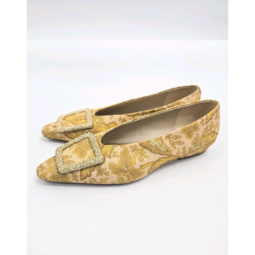 Sam Edelman Janina Flats Size 9.5 Turmeric Gold Floral Brocade Buckle Ballet - Picture 3 of 13